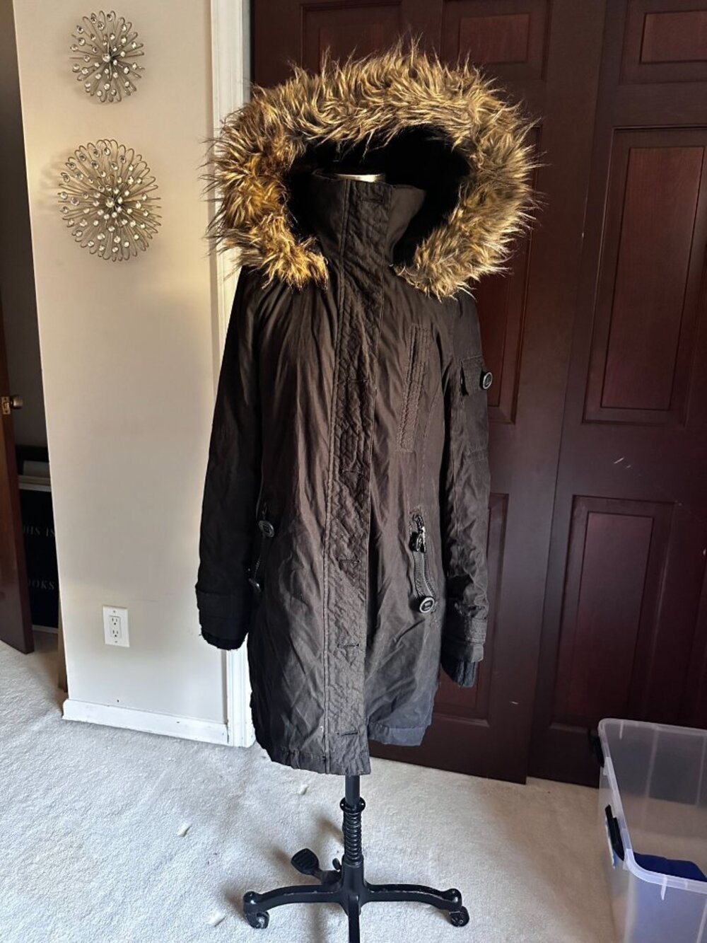 Garage brand Outer Limits Parka in black with faux fur trim hood, tons of pocket